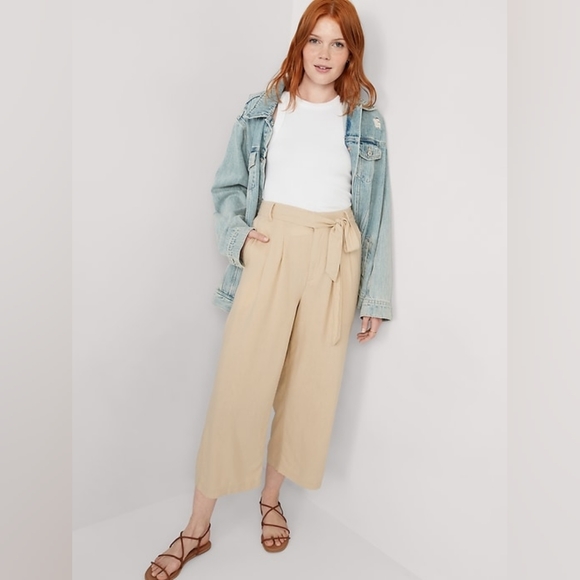 NWT Old Navy Beige High-Waisted Linen Belted Cropped Wide-Leg Pants Size M - Picture 3 of 6